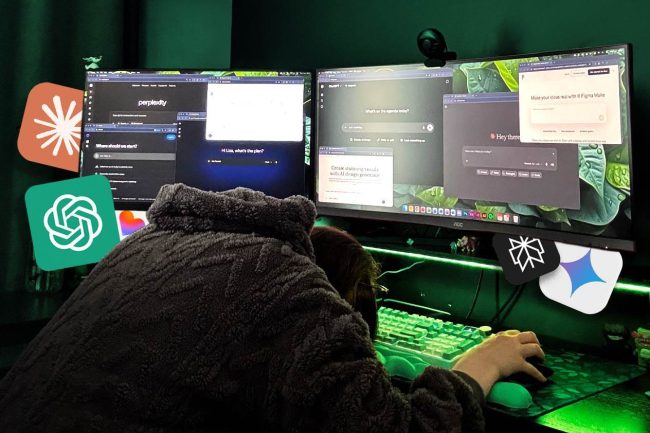 ai-has-been-in-design-for-a-while AI tools including ChatGPT, Perplexity and Claude open on a designer's dual monitors