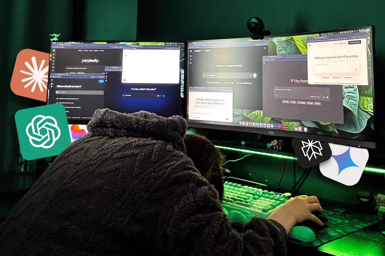 ai-has-been-in-design-for-a-while AI tools including ChatGPT, Perplexity and Claude open on a designer's dual monitors