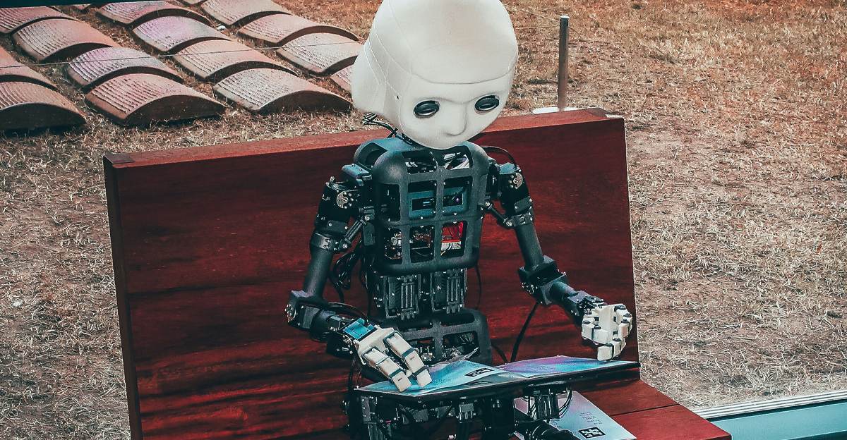 Small robot sitting at a desk representing AI in the workplace