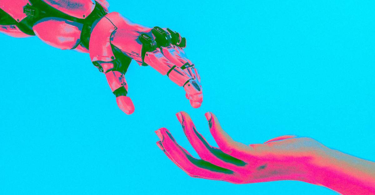 Robot hand reaching toward a human hand illustrating AI and human collaboration in graphic design