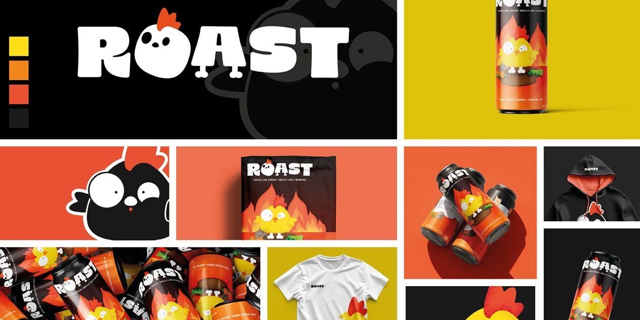 designer-in-a-big-scary-world Roast brand identity mockup showing cans, hoodie and t-shirt — tips for new graphic designers on building a full brand