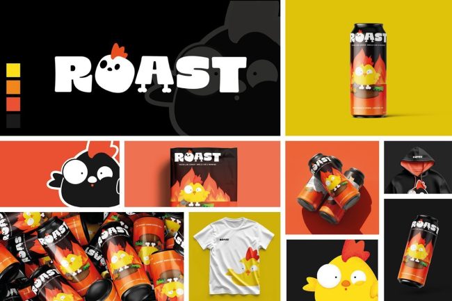 designer-in-a-big-scary-world Roast brand identity mockup showing cans, hoodie and t-shirt — tips for new graphic designers on building a full brand