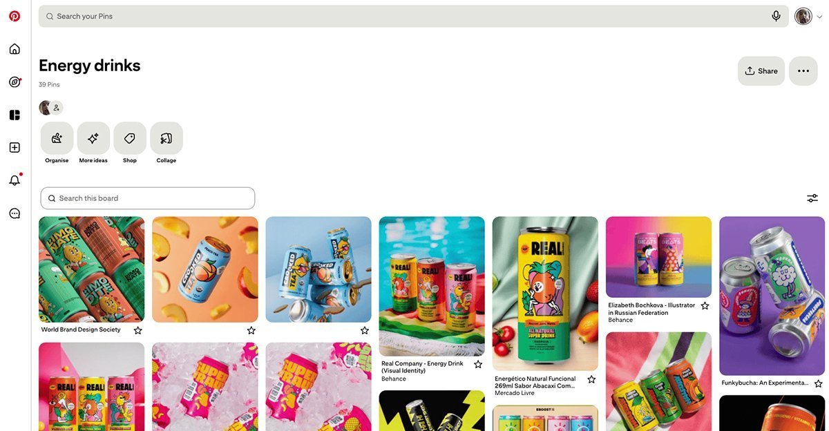 Pinterest moodboard for energy drink design research — tips for new graphic designers on doing your research first