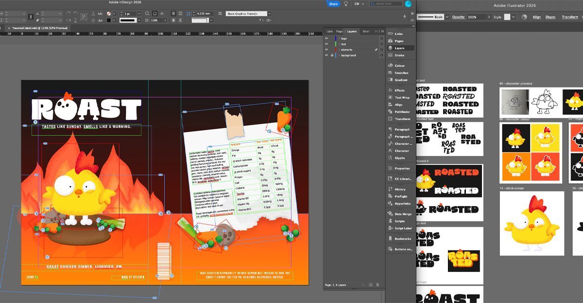 Adobe InDesign and Illustrator open with the Roast can label in progress — tips for new graphic designers on which software to use