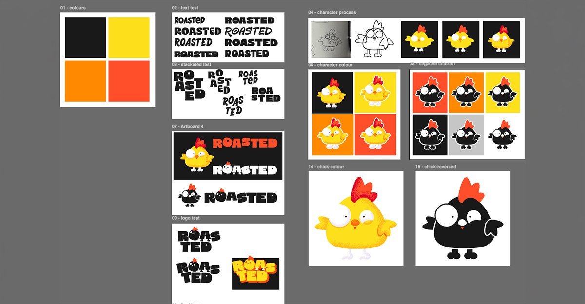 Roast brand design process showing font and colour testing — tips for new graphic designers on not sweating the small stuff